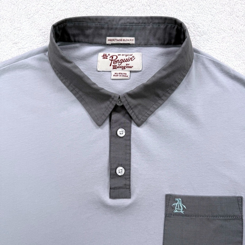 Original Penguin Polo Shirt Men's XL Gray Heritage Slim Fit Colorblock Pocket